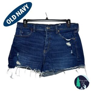 Old Navy Shorts Cutoffs Womens 14 Blue High Rise Dark Wash Button Fly Distressed